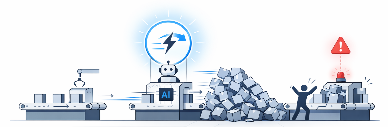An assembly line where an AI robot speeds up code production, creating a massive pile of blocks in front of an overwhelmed human operator with a warning alarm — illustrating how accelerating code generation creates a bottleneck at human comprehension.
