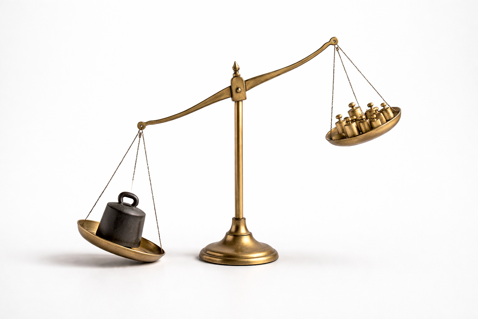 A balance scale where a single heavy weight outweighs many smaller pieces — illustrating that one heavy dependency can matter more than many lightweight ones.